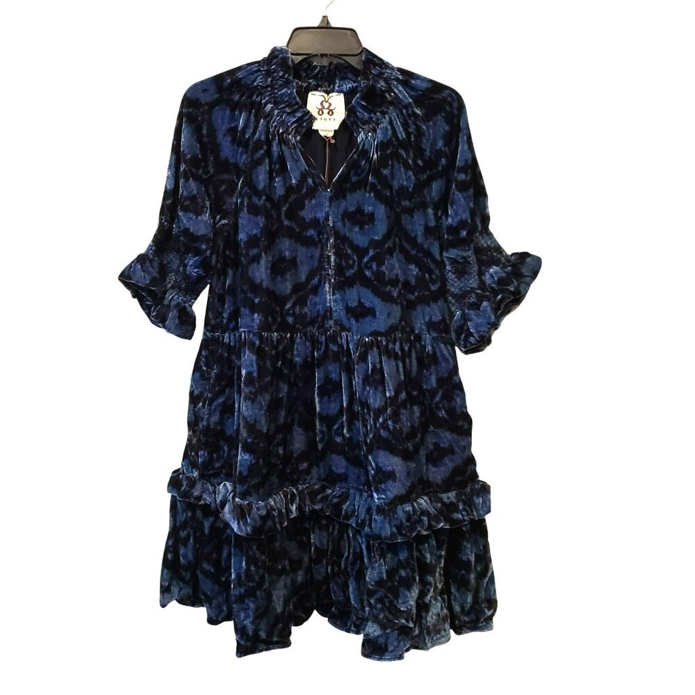 NEW Figue Navy Blue Velvet Burnout Boho Print Romantic Whimsigoth Mini Dress - Picture 6 of 11